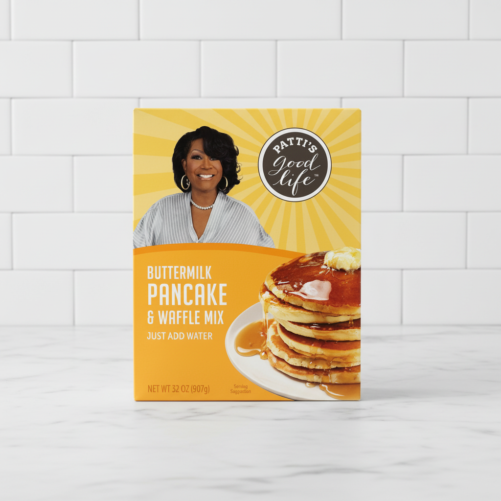Front of a Patty's Good Life Buttermilk Pancake & Waffle Mix box. The packaging features a yellow and orange design with a photo of a woman on the upper left and a stack of pancakes with syrup on the lower right.