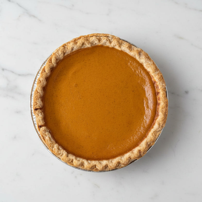 Pumpkin pie in a metal pie dish on a gray surface